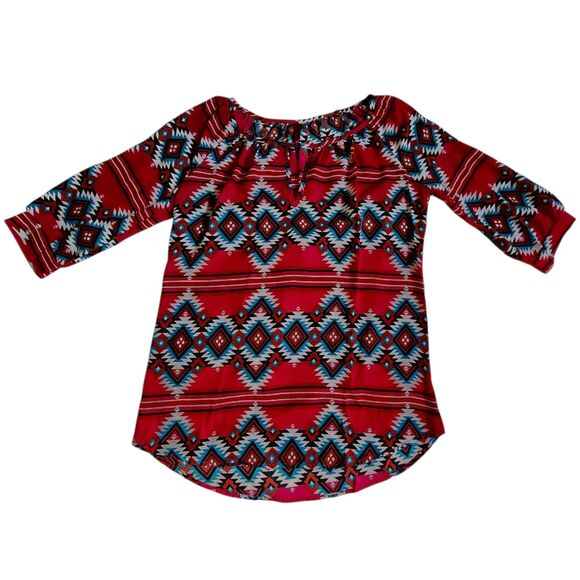 CL22 Pink Multi Color Geometric Zig Zag 3/4 Sleeve Blouse Top Sz S - Picture 1 of 11